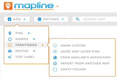 Screenshot of the Add Territories menu in  Mapline