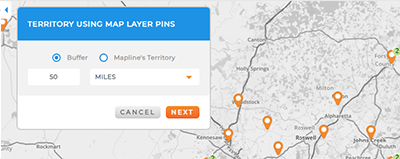 Screenshot of adding territories from existing map pins in Mapline, with boundary options highlighted