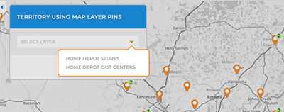 Screenshot of adding territories from existing map pins in Mapline, with pin layer selected