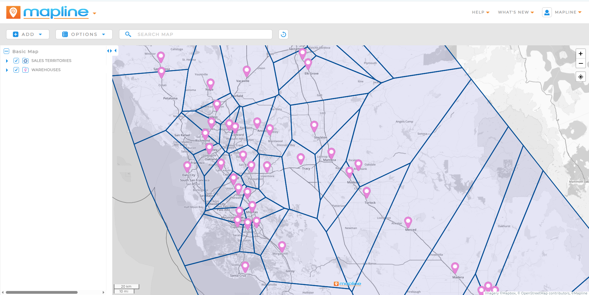 Territories around each Warehouse