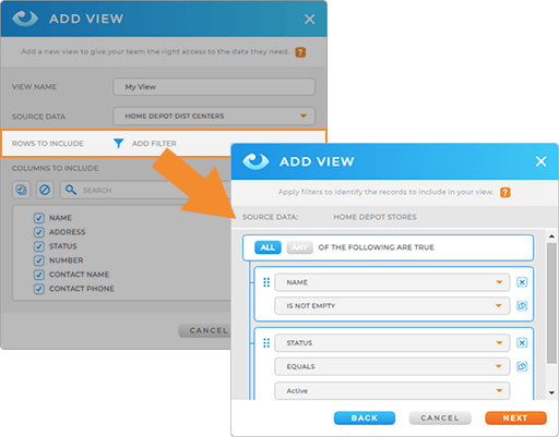 screenshot of the Add View lightbox in Mapline, with Filters highlighted and the Filters window open