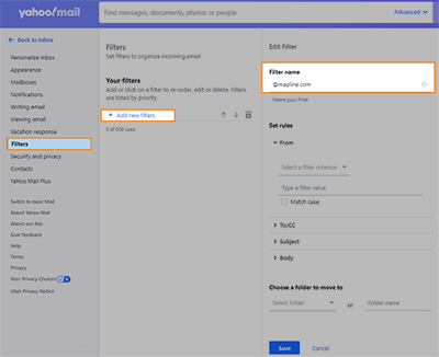 Screenshot of Yahoo email settings