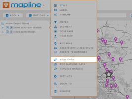 View Data: Screenshot of the Layer Folder pop-out menu, with VIEW DATA highlighted